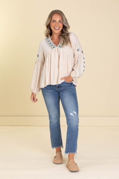 Beige Floral Puff Sleeve Embroidered Woven Top