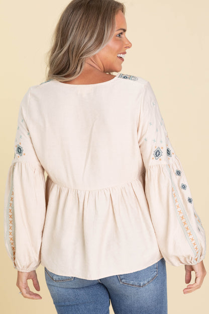 Beige Floral Puff Sleeve Embroidered Woven Top
