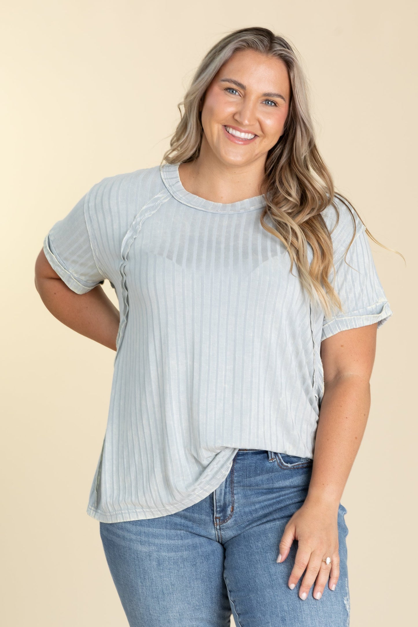 Acid Washed Ribbed Boatneck Knit Tops