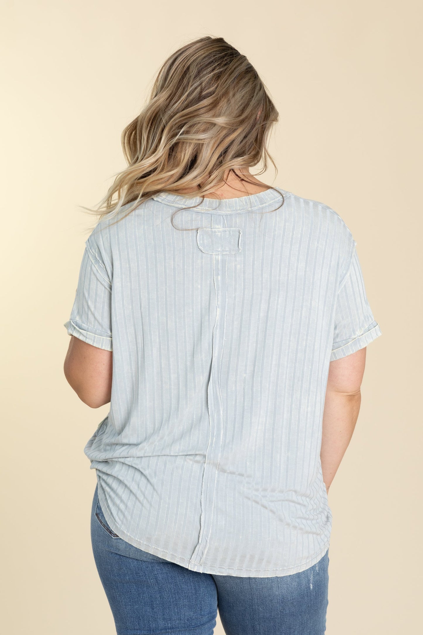 Acid Washed Ribbed Boatneck Knit Tops