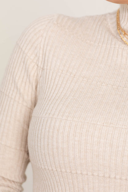 Beige Pintuck Mock Neck Knit Sweater Top