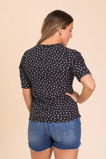 Black Ditsy Knit Top With Shirring Detail