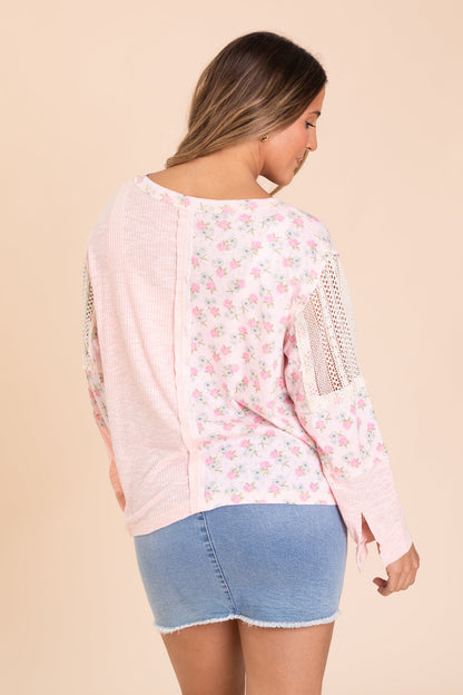 Baby Pink Contrast Floral V-Neck Knit Top