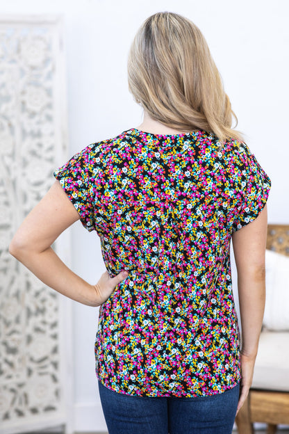 Black Ditsy Floral Wrinkle Free Lizzy Top