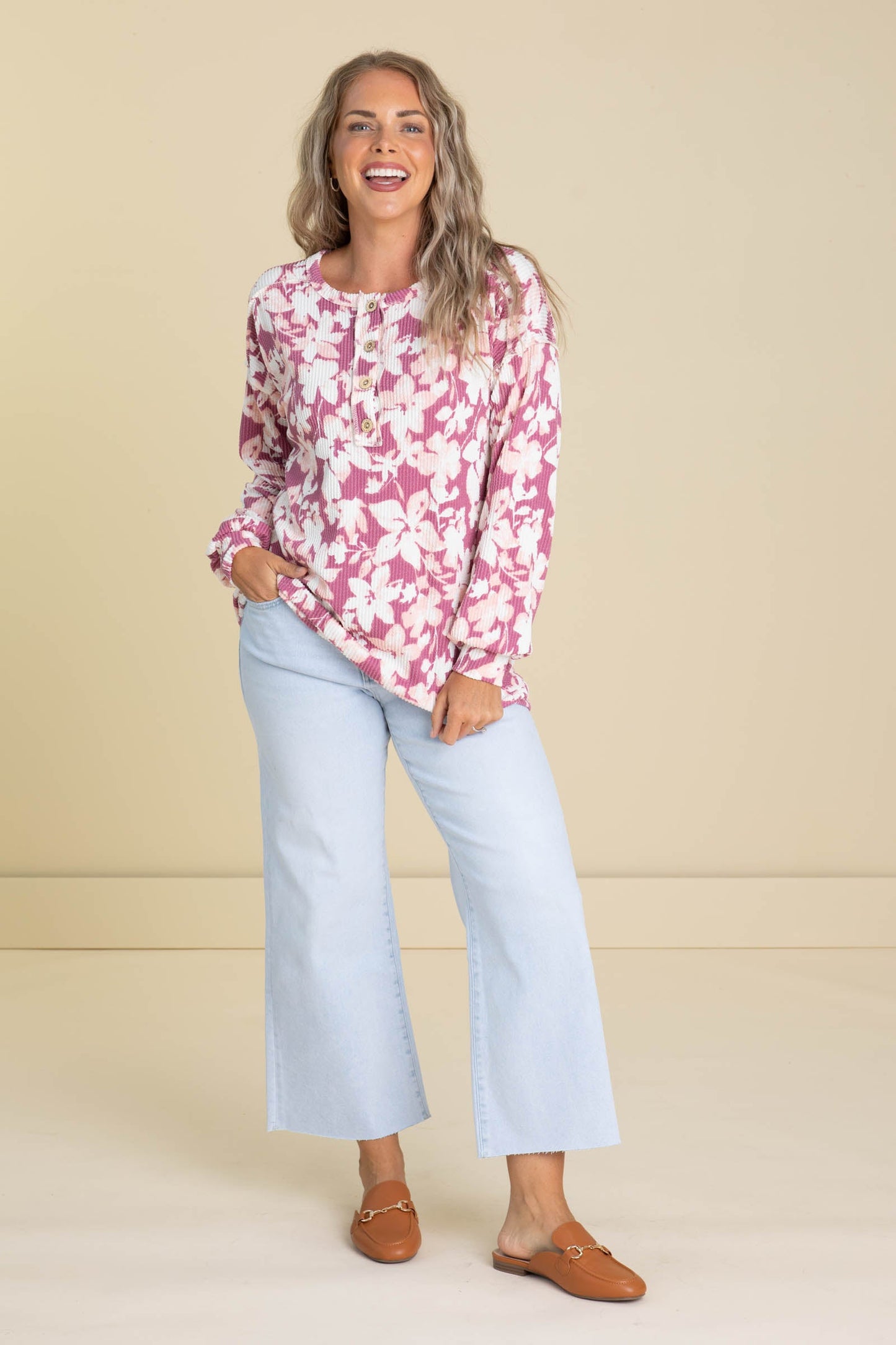 Berry And Pink Floral Ribbed Knit Long Sleeve