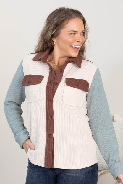 Beige Knit Corduroy Button Down Shacket