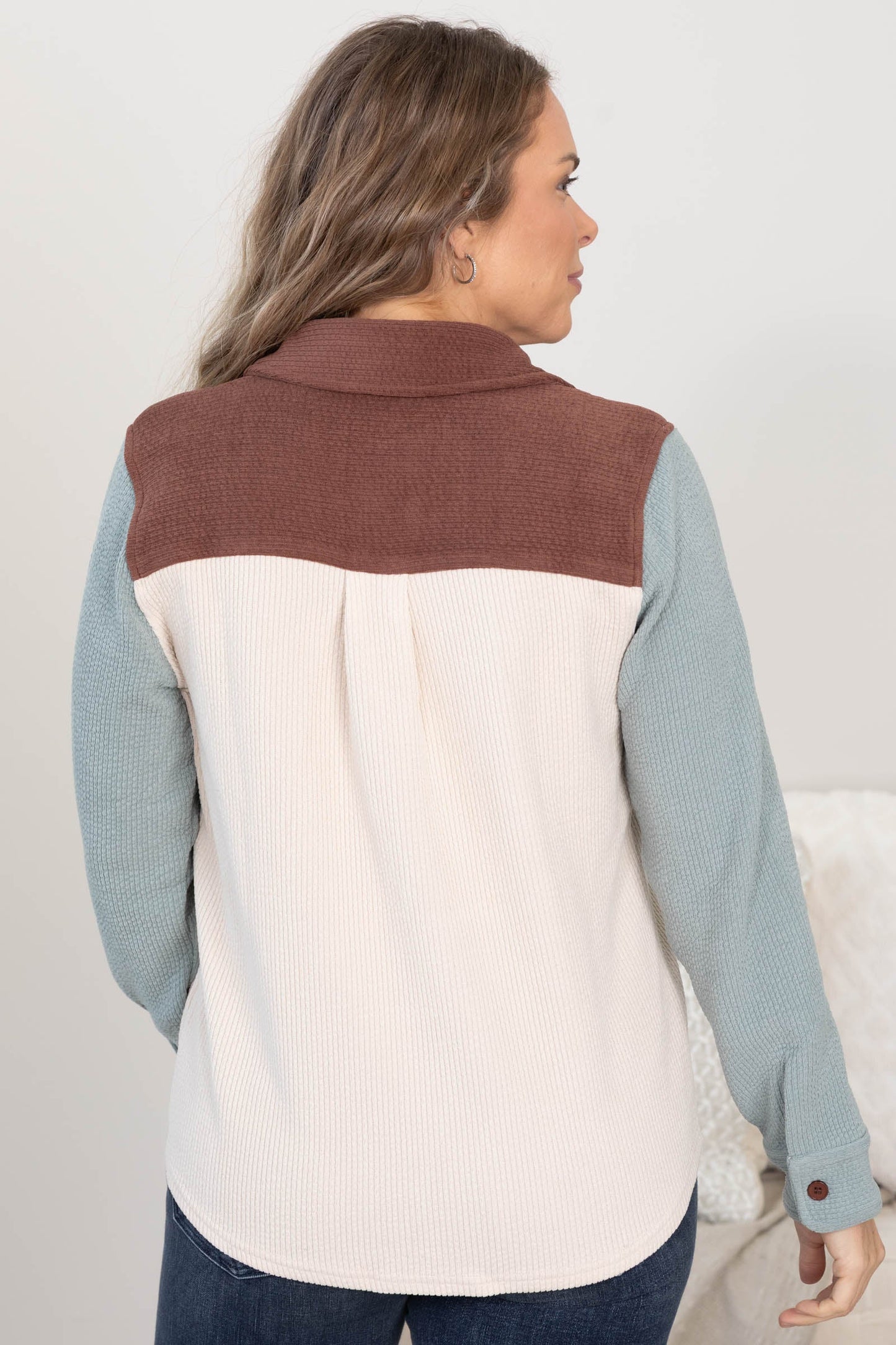 Beige Knit Corduroy Button Down Shacket