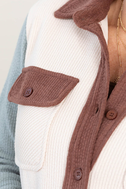 Beige Knit Corduroy Button Down Shacket