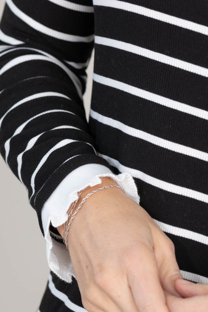 Black And White Striped Ruffle Hem Knit Top