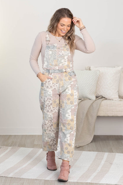 Beige Vintage Boho Print Denim Overall Jumpsuit