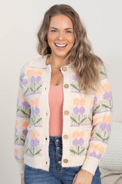 Beige Flower Jacquard Chunky Sweater Jacket
