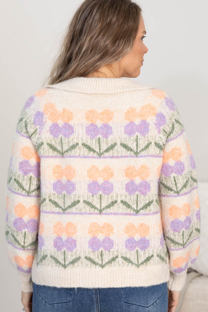 Beige Flower Jacquard Chunky Sweater Jacket