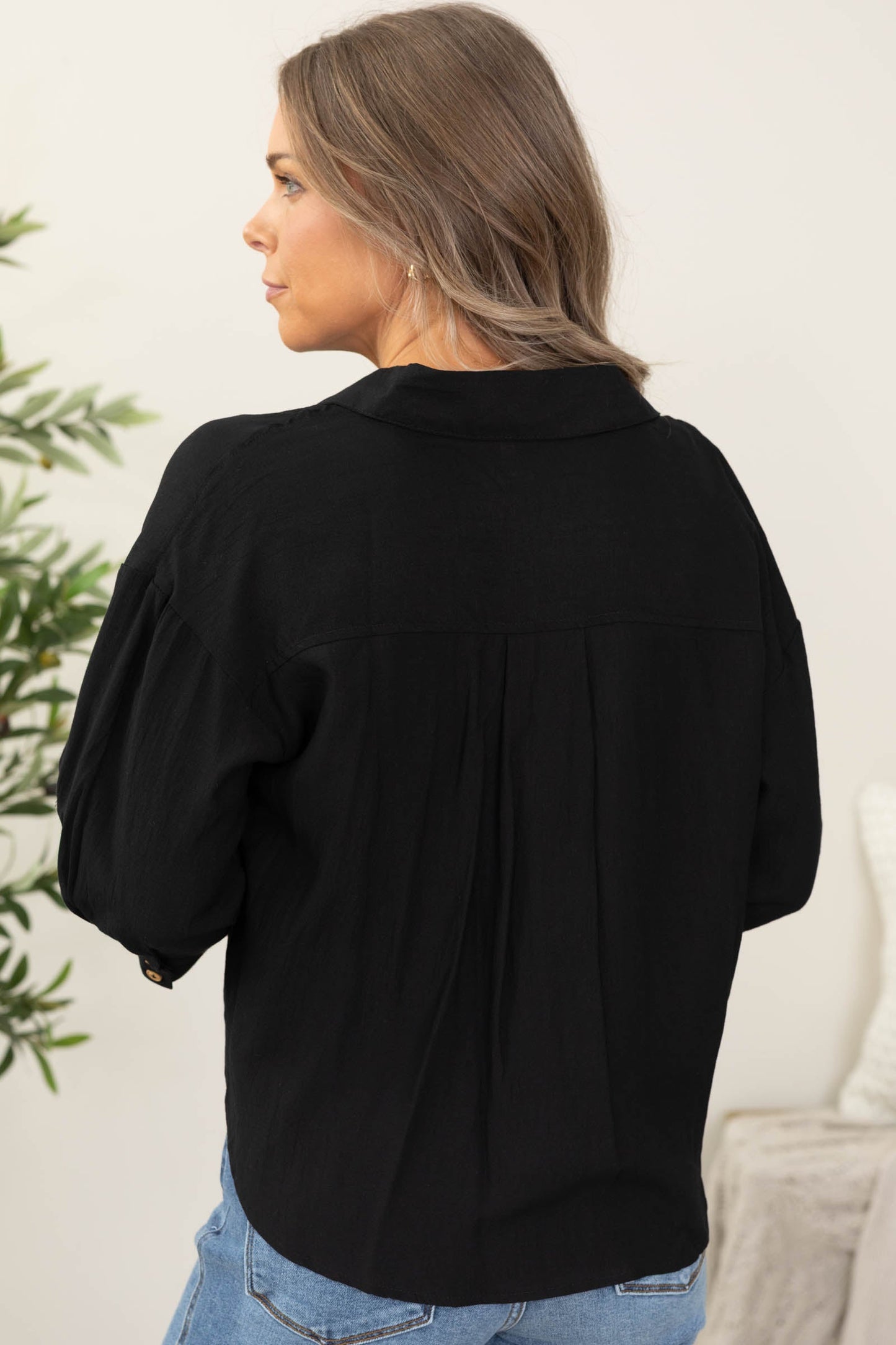 Black Woven Button Front Tie Top