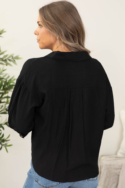 Black Woven Button Front Tie Top