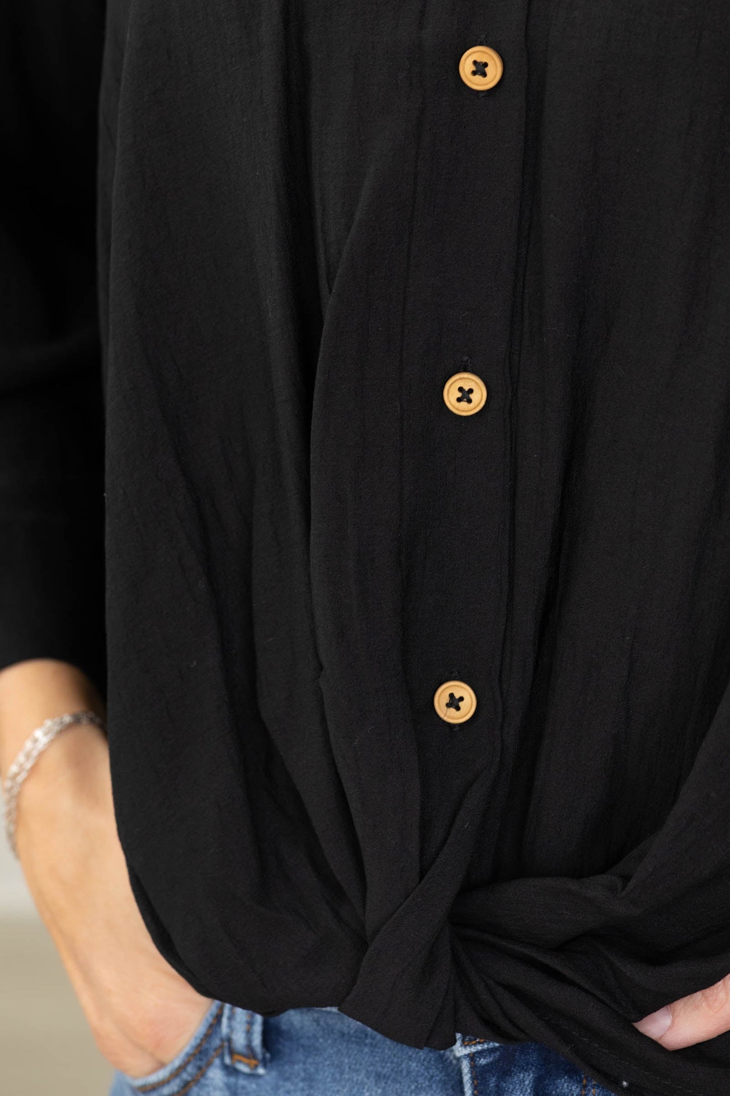 Black Woven Button Front Tie Top