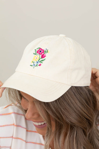 Beige Flowers Embroidered Hat- 100% Cotton