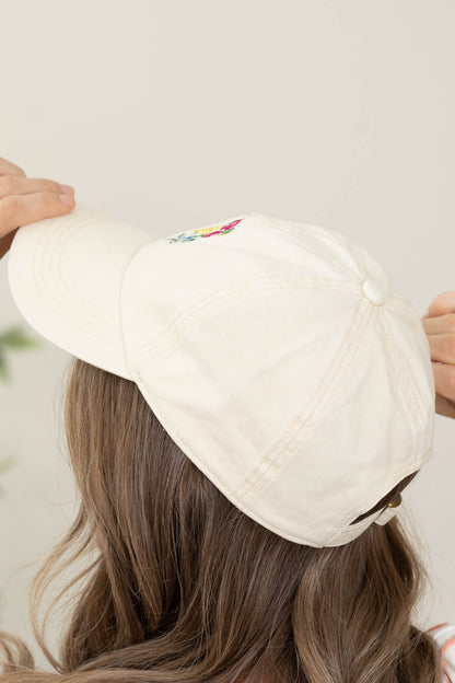 Beige Flowers Embroidered Hat- 100% Cotton