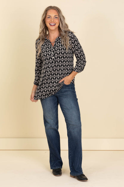 Black Geo Print Button Liz Wrinkle Free Top
