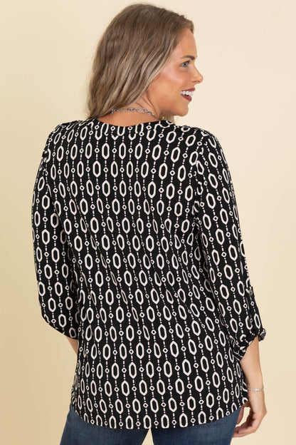 Black Geo Print Button Liz Wrinkle Free Top