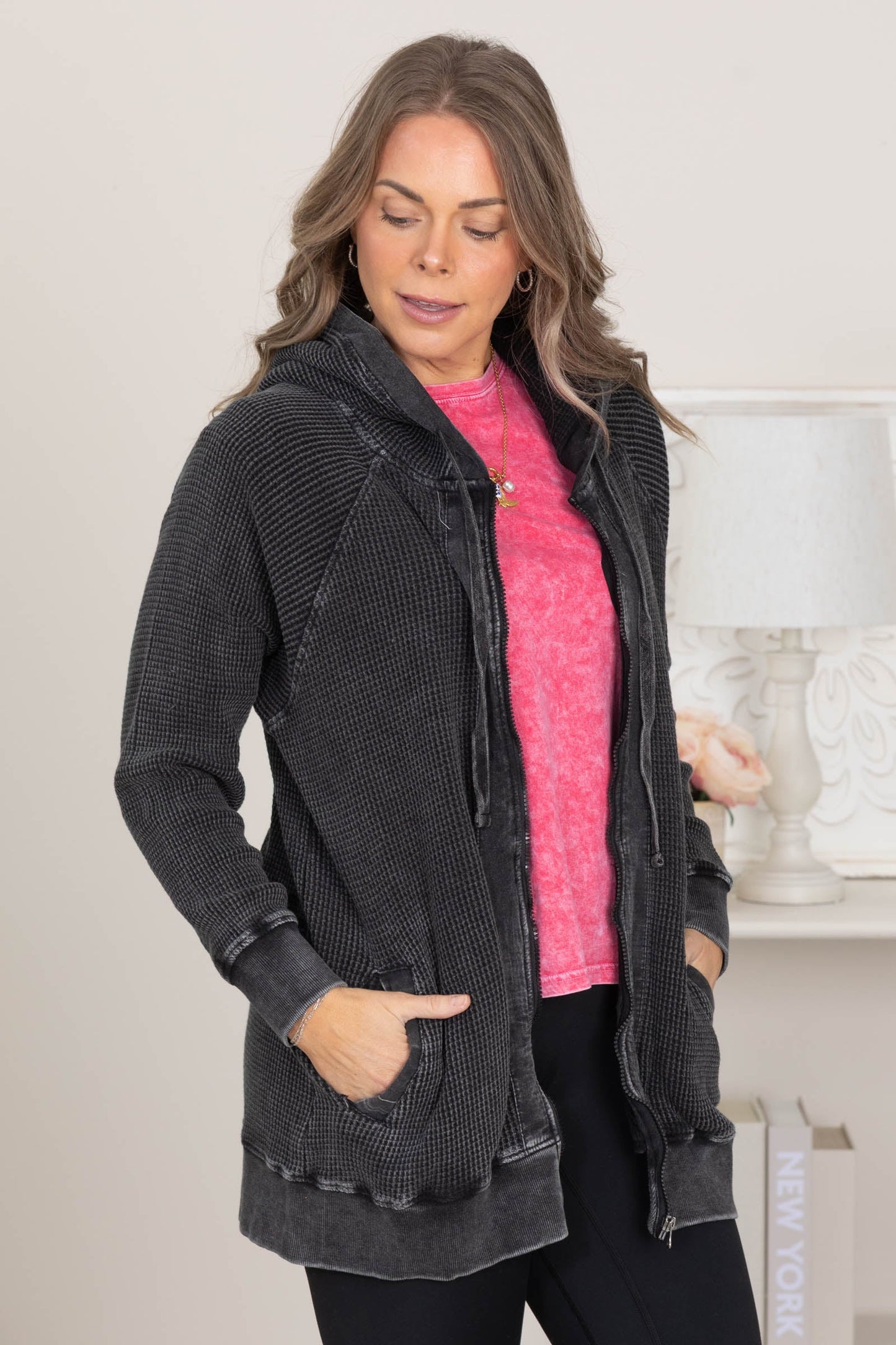 Black Mineral-Washed Zip-Up Hooded Jacket