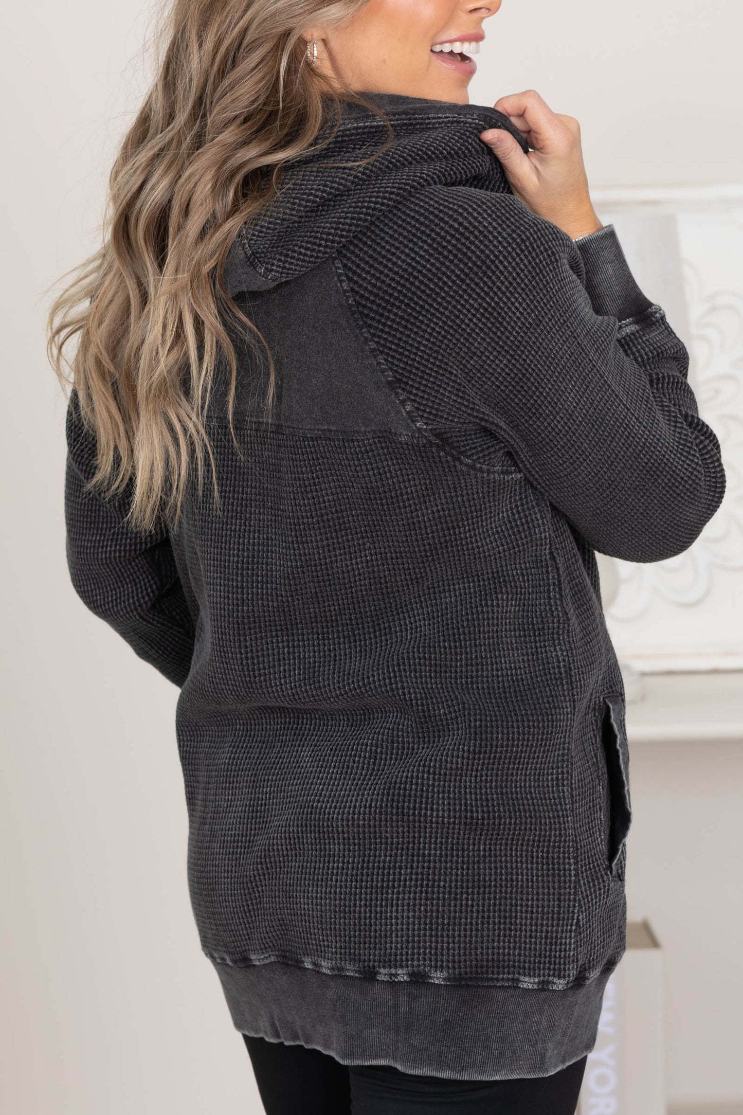 Black Mineral-Washed Zip-Up Hooded Jacket