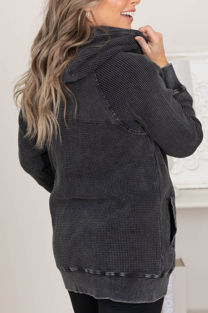 Black Mineral-Washed Zip-Up Hooded Jacket