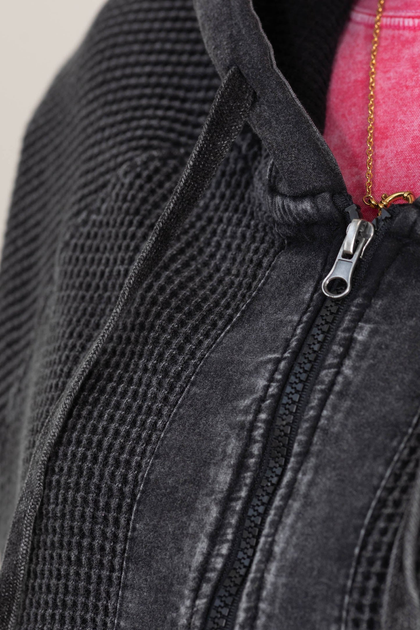 Black Mineral-Washed Zip-Up Hooded Jacket