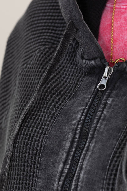 Black Mineral-Washed Zip-Up Hooded Jacket