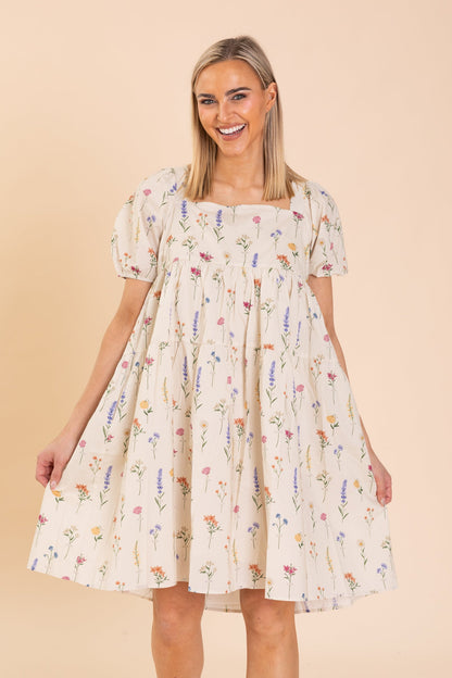 Beige Floral Print Dress With Flutter Sleeve