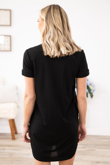 Black Short Sleeve Knit Dress with Pockets