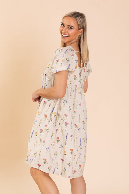 Beige Floral Print Dress With Flutter Sleeve