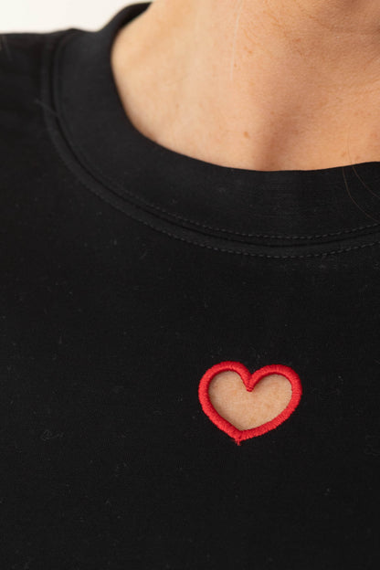Black Solid Heart Hollow Short Sleeve Knit Top