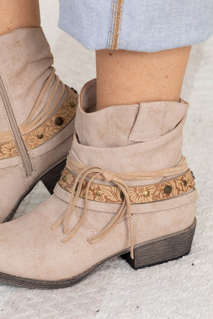 Beige Bootie With Tooling and Fringe Detail