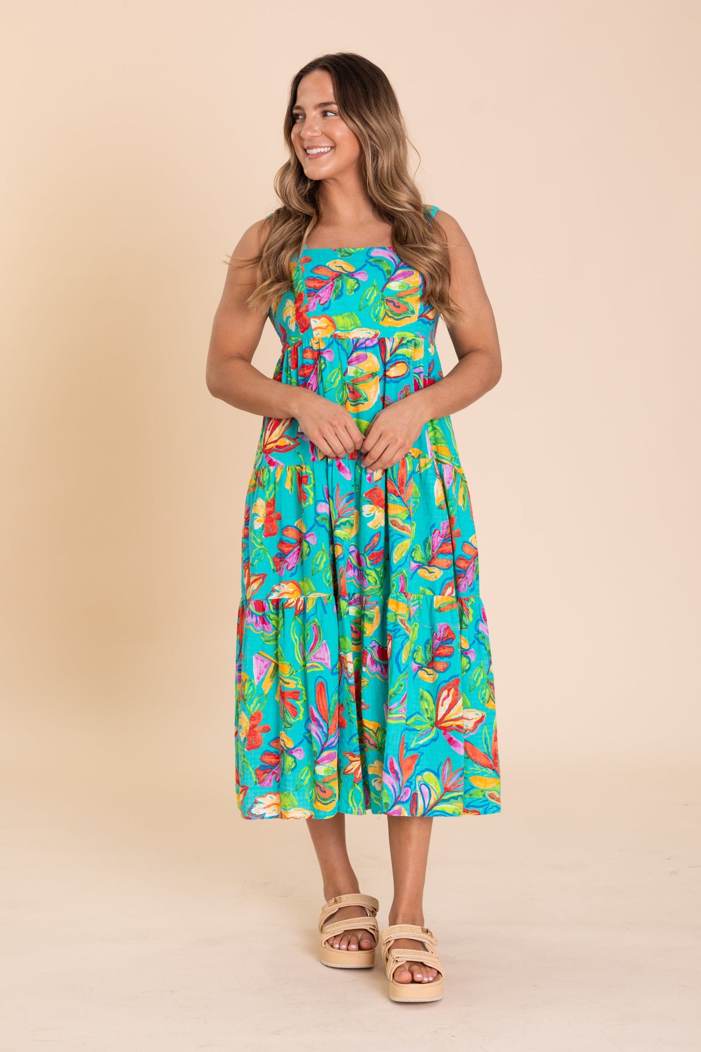 Aqua Green Printed Cotton Tiered Maxi Dress