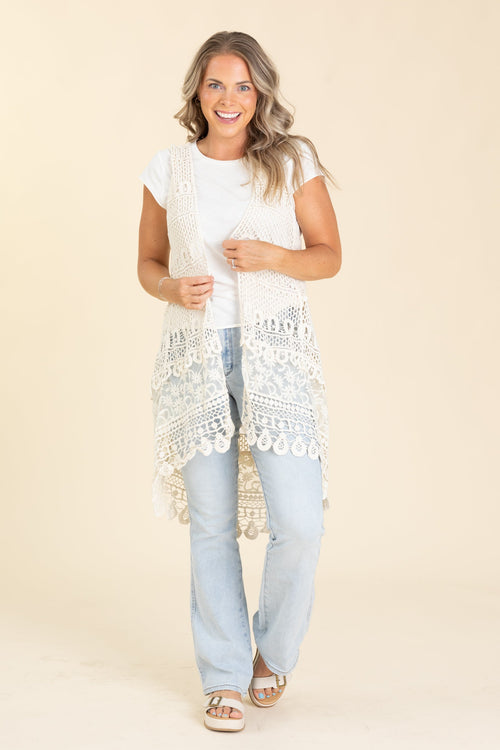 Beige Hi-Lo Crochet Vest Cardigan