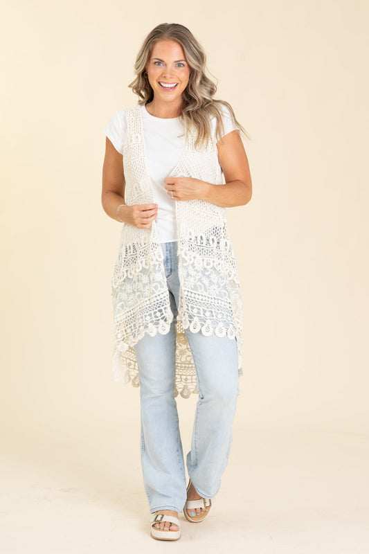 Beige Hi-Lo Crochet Vest Cardigan