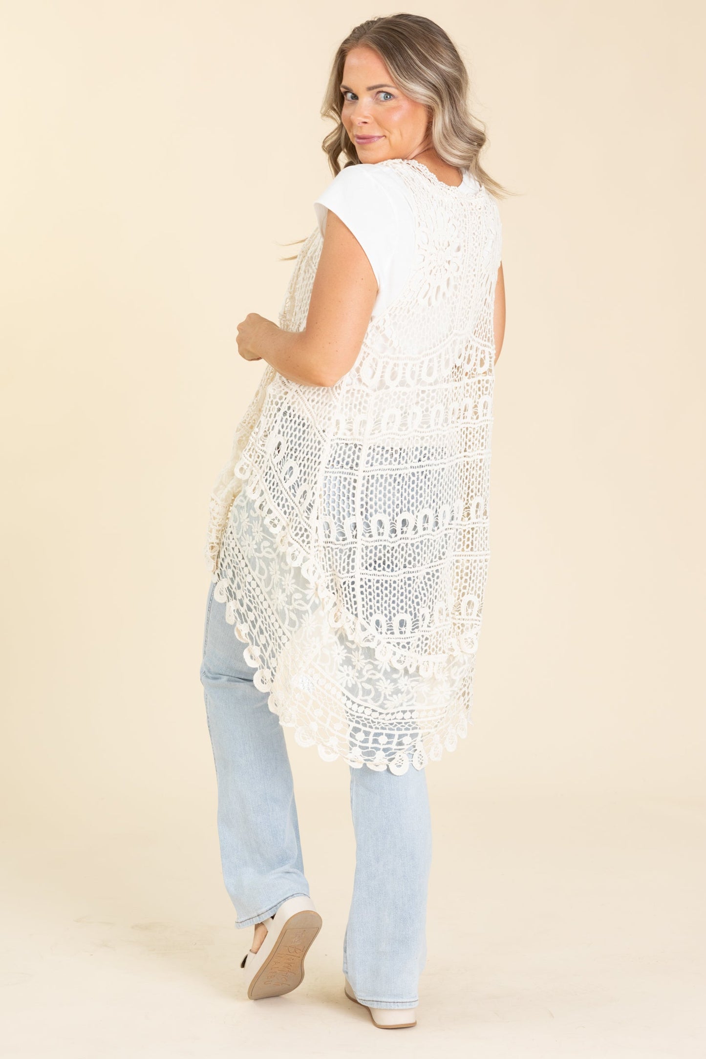 Beige Hi-Lo Crochet Vest Cardigan