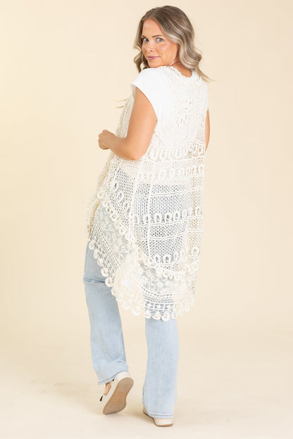 Beige Hi-Lo Crochet Vest Cardigan