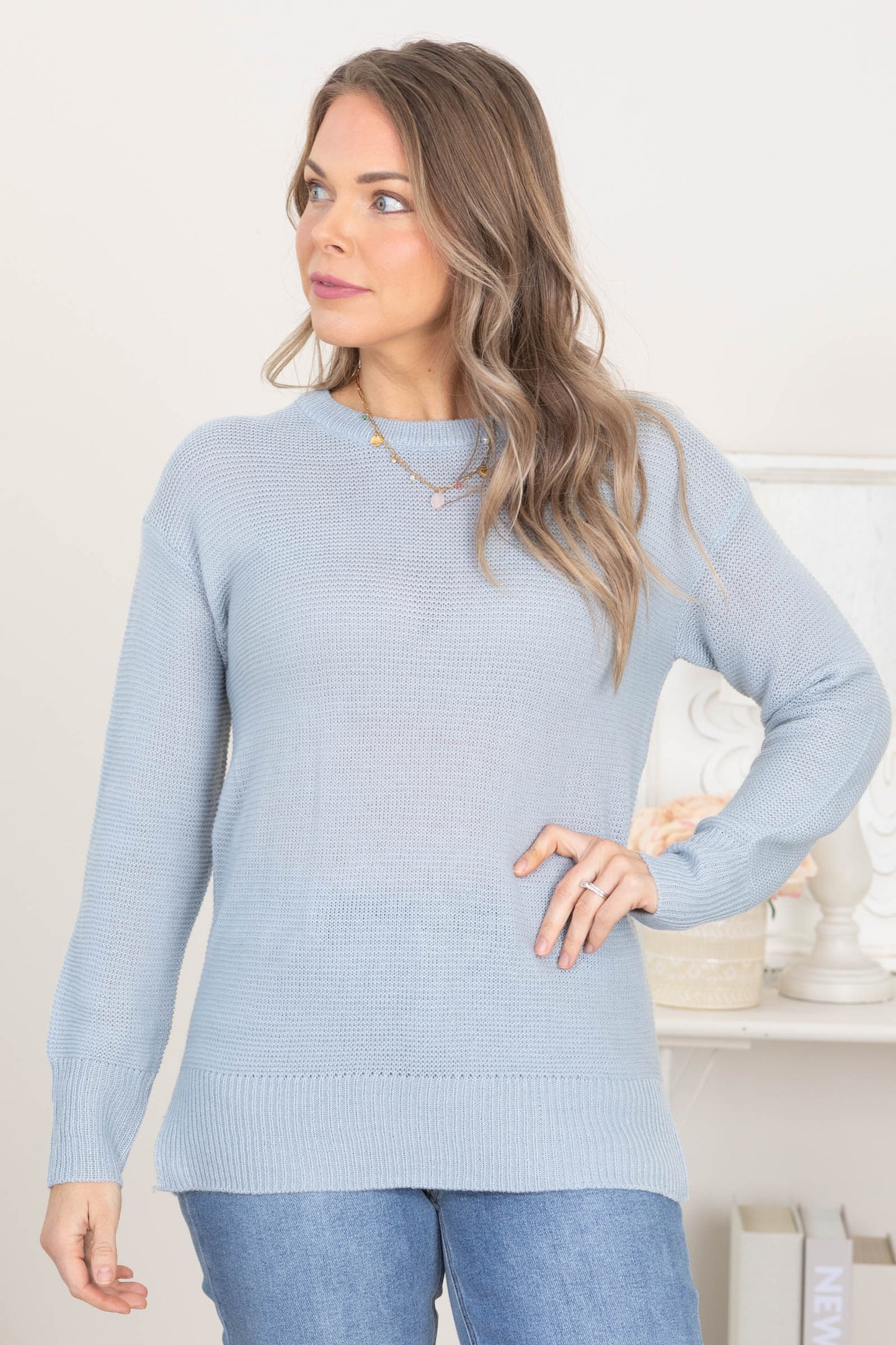 Boyfriend Fit Sweater With Ribbed Cuff Detail