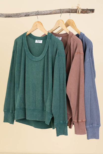 Acid Wash Knit Long Sleeve Knit Tops