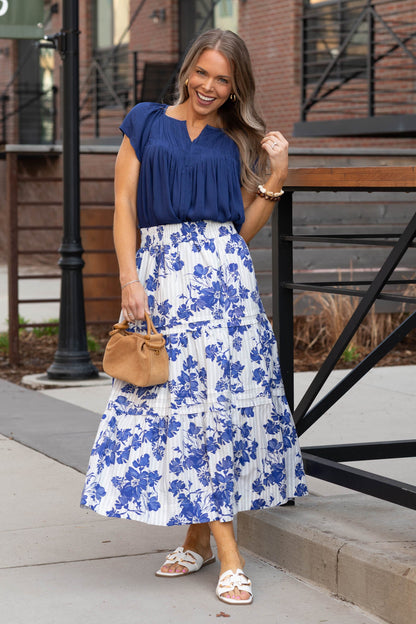 Blue Floral Mix Striped Print Maxi Skirt- 100% Cotton