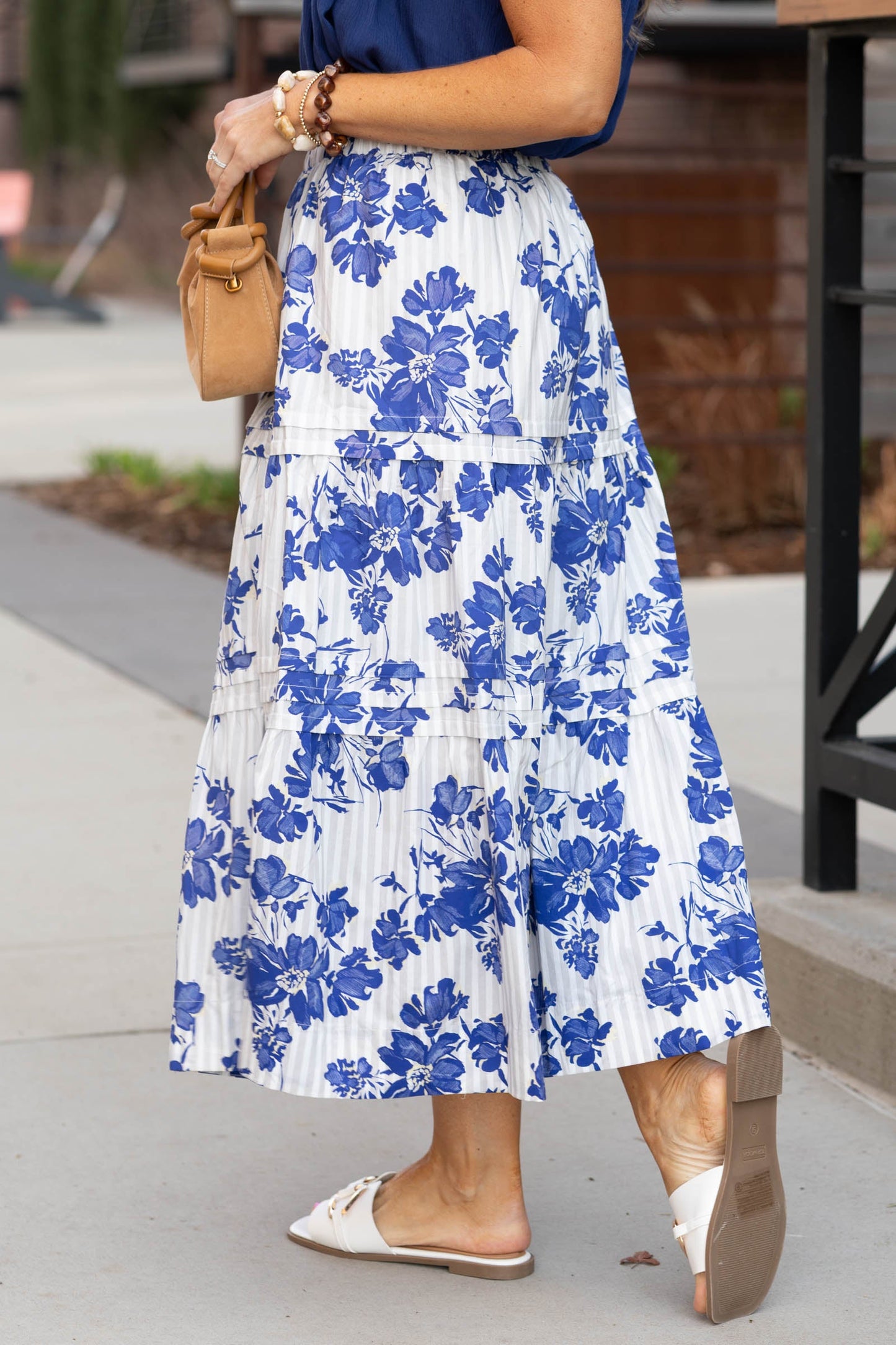 Blue Floral Mix Striped Print Maxi Skirt- 100% Cotton