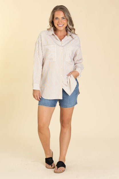 Beige Striped Long Sleeve Button Up Woven Top