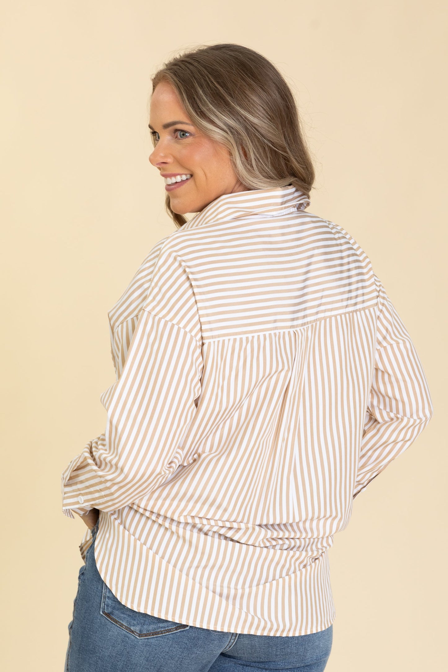 Beige Striped Long Sleeve Button Up Woven Top