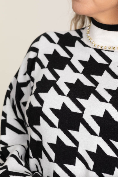 Black Mock Neck Houndstooth Sweater Dress