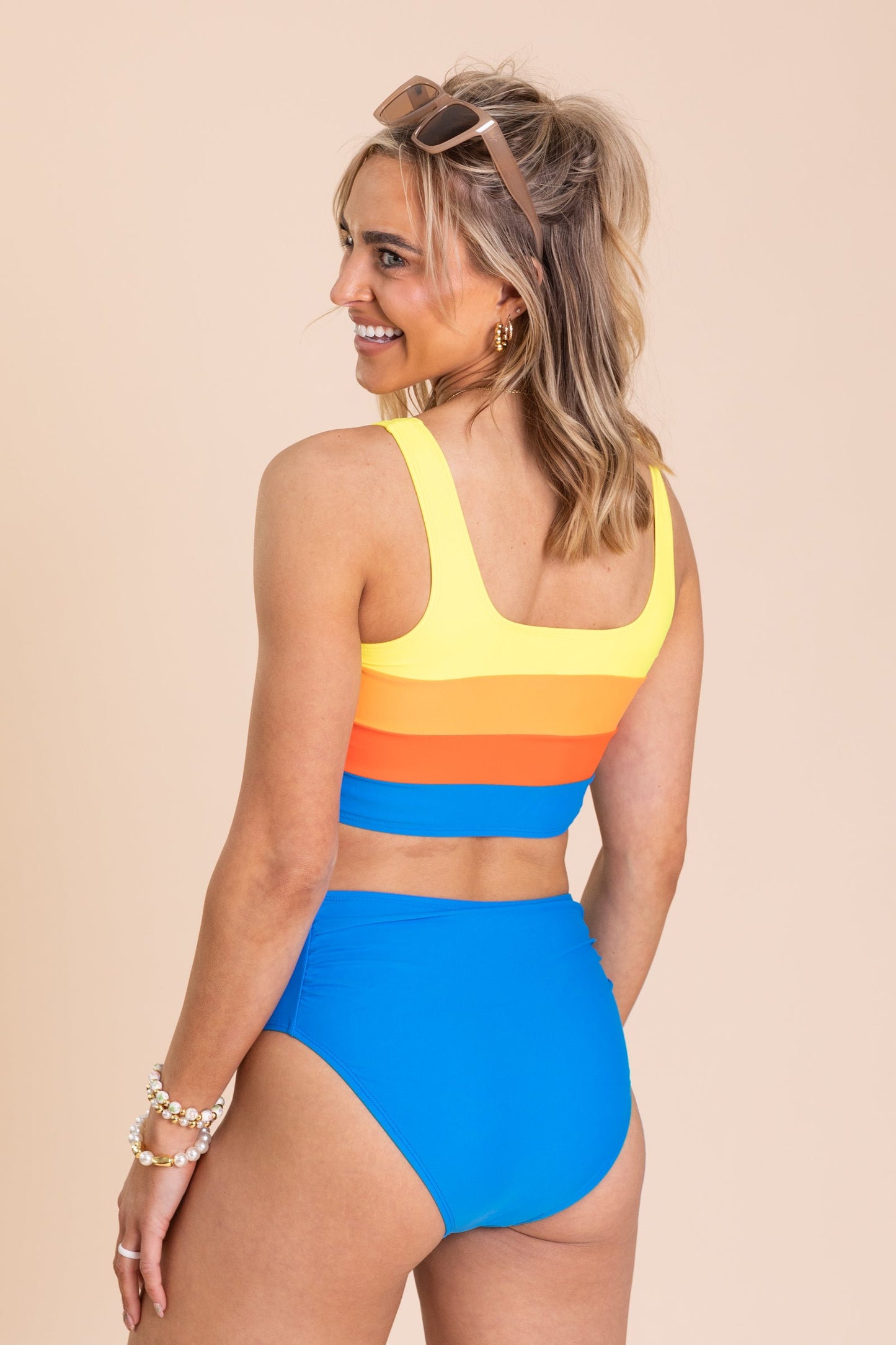 Bright Blue Colorblock Pleated Swimsuit Set