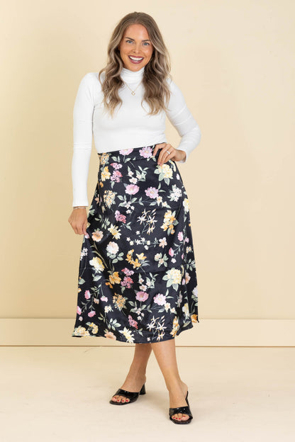 Black Floral Print Midi Elastic Waist Skirt