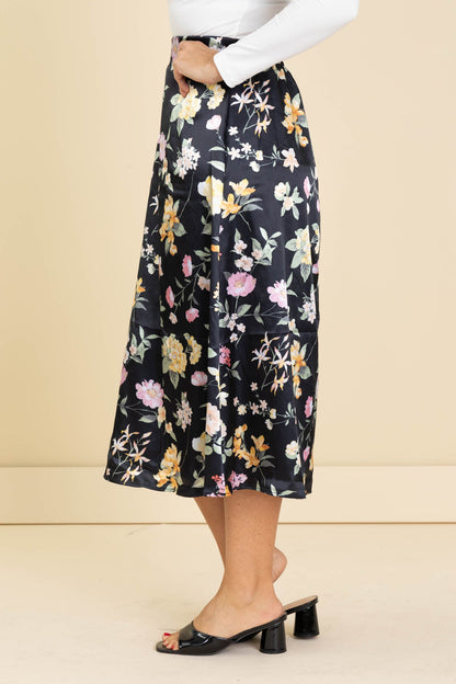 Black Floral Print Midi Elastic Waist Skirt
