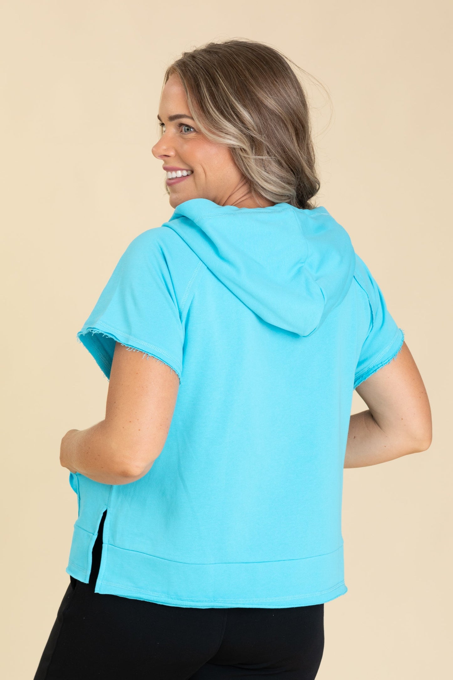 Baby Blue Hoodie Drawstring Short Sleeve Top