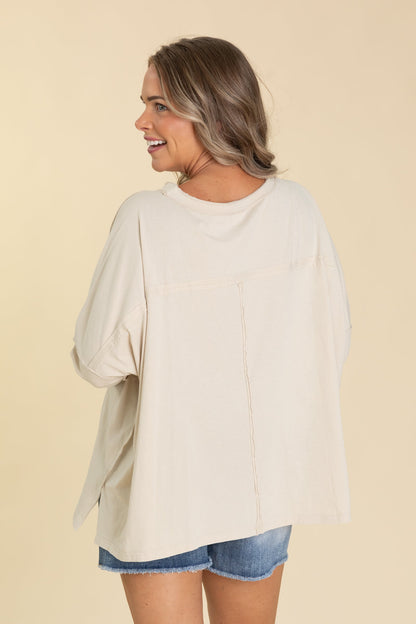 Beige Embo Detailing Cotton Knit Top